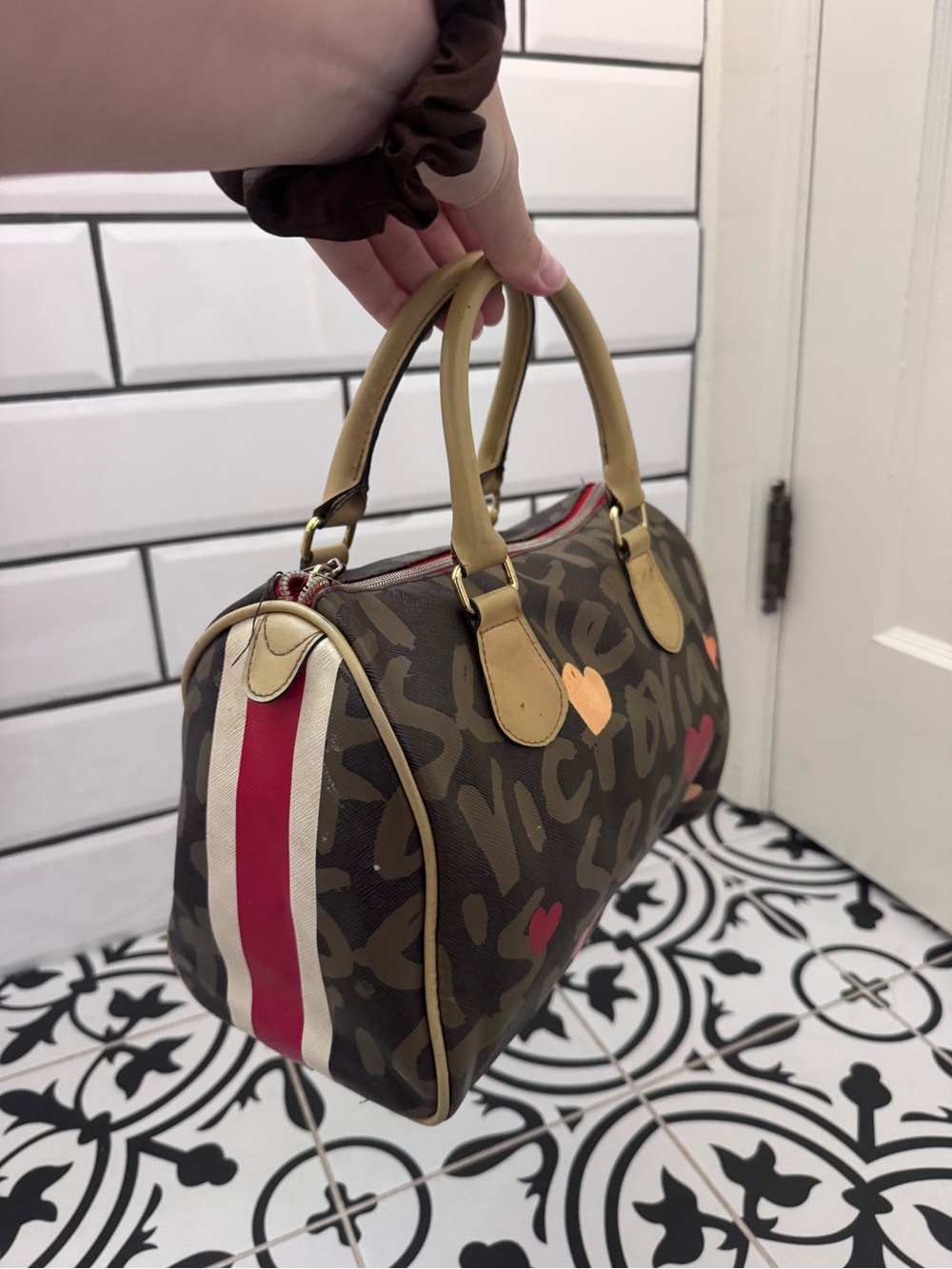 Victoria's Secret Brown Monogram Barrel Handbag with Red and Cream Accents